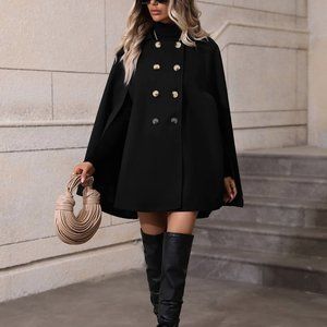 Black Casual Womens Double Breasted Cloak Sleeve Cape Overcoat